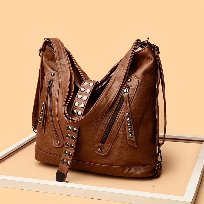 Vintage Studded Shoulder Bag Faux Leather Hobo Crossbody Purse