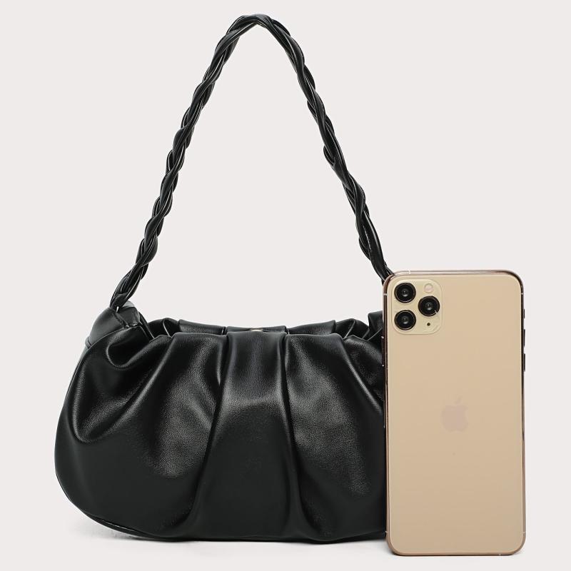 Ruched Shoulder Bag Braided Handle Purse Women Faux Leather Handbag