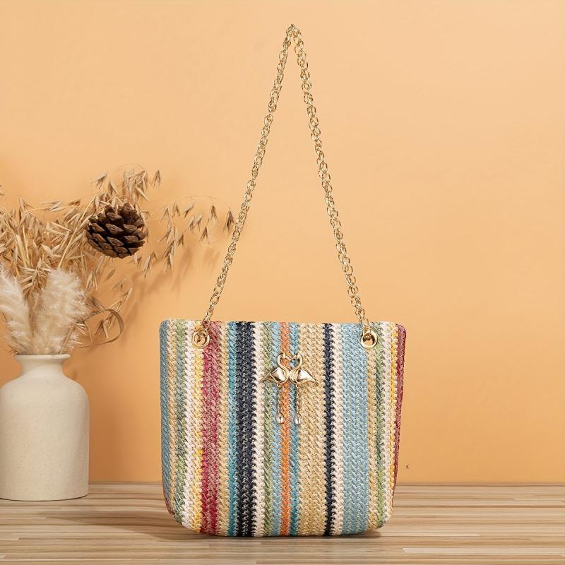 Colorful Straw Shoulder Bag Tote Chain Bag Niche Handbag