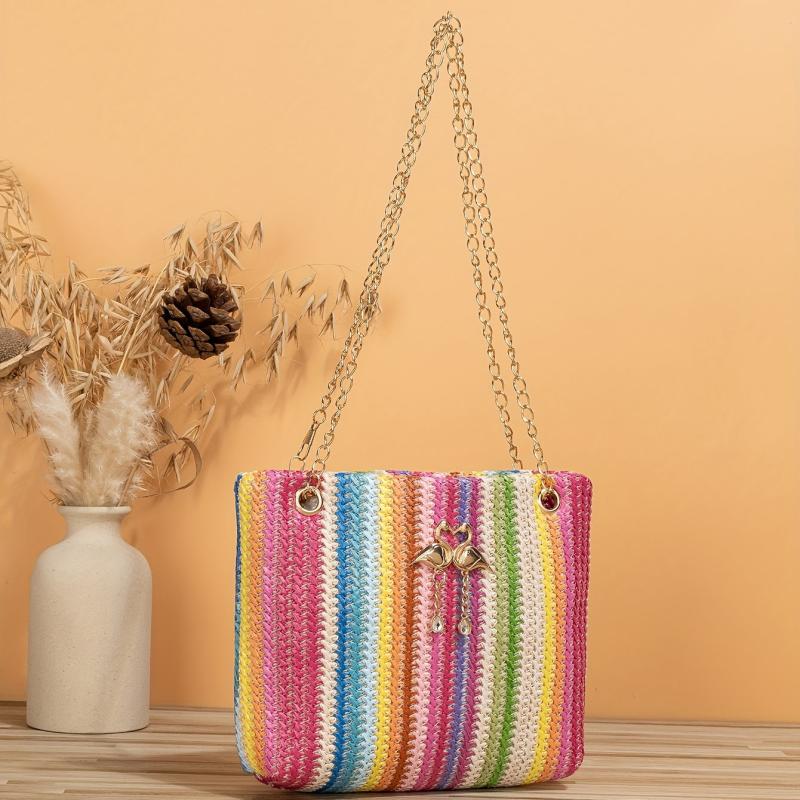 Colorful Straw Shoulder Bag Tote Chain Bag Niche Handbag