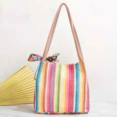 Striped Straw Woven Beach Tote Bag Casual Shoulder Bag