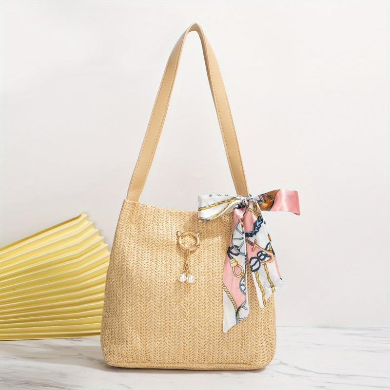 Striped Straw Woven Beach Tote Bag Casual Shoulder Bag