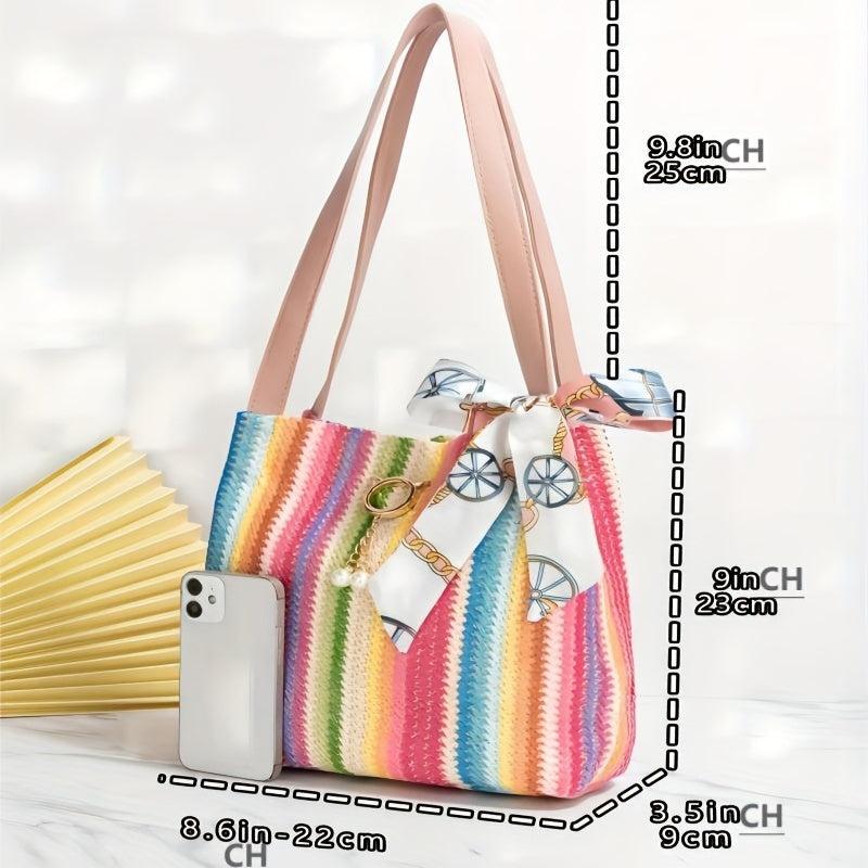 Striped Straw Woven Beach Tote Bag Casual Shoulder Bag