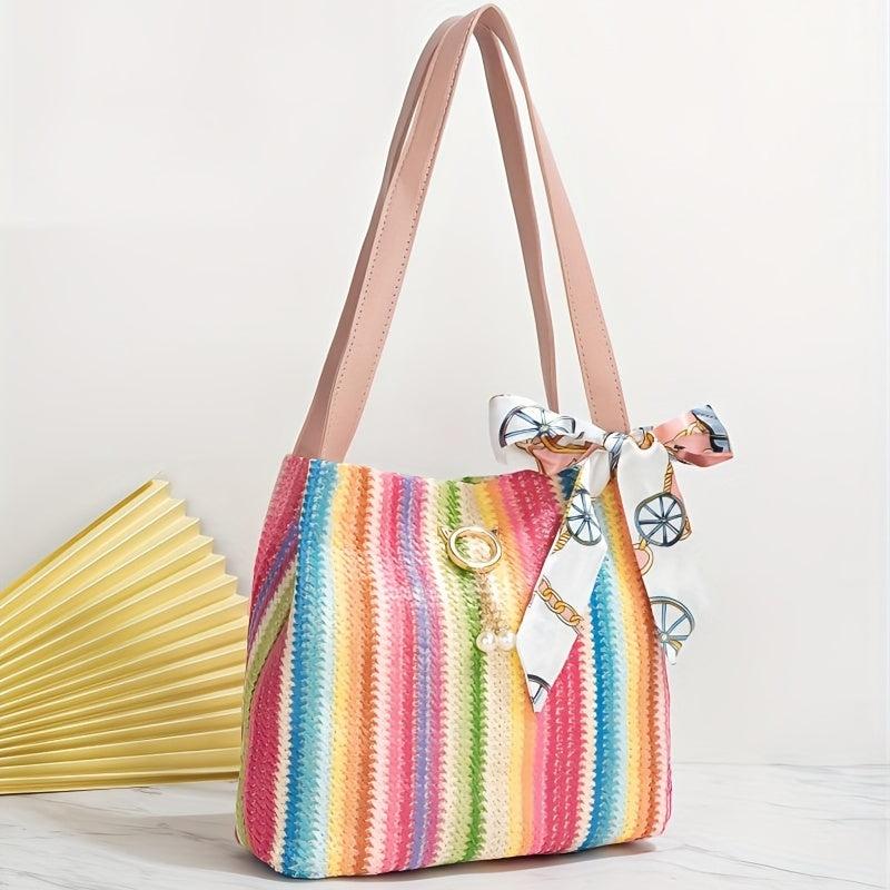 Striped Straw Woven Beach Tote Bag Casual Shoulder Bag
