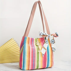 Striped Straw Woven Beach Tote Bag Casual Shoulder Bag