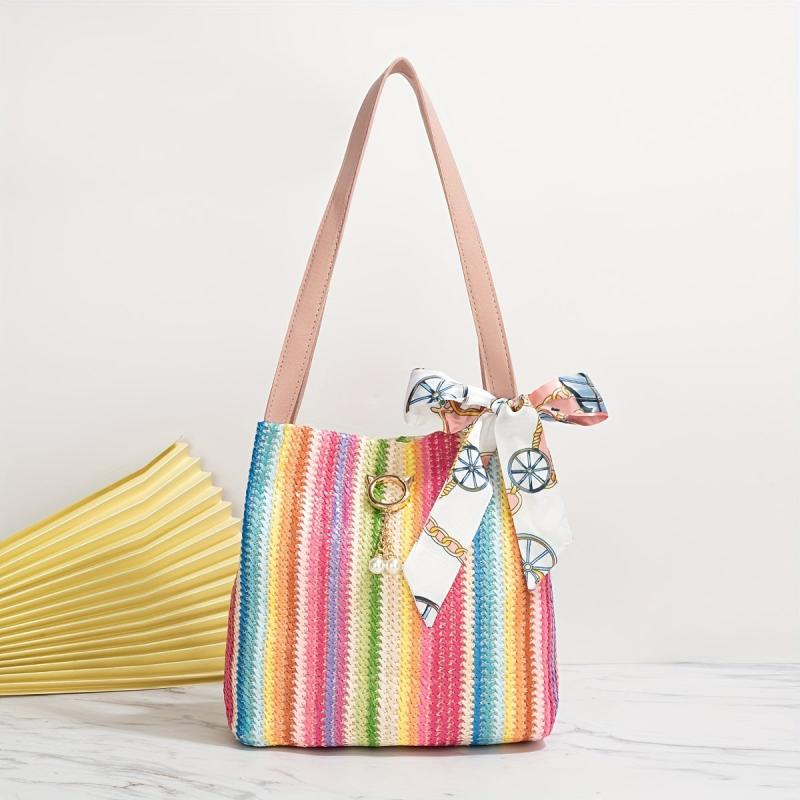 Striped Straw Woven Beach Tote Bag Casual Shoulder Bag