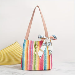 Striped Straw Woven Beach Tote Bag Casual Shoulder Bag