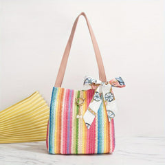 Striped Straw Woven Beach Tote Bag Casual Shoulder Bag