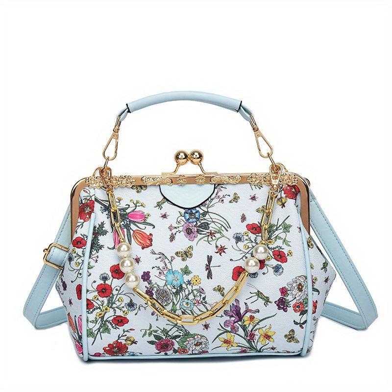 Floral Pattern Handbag Faux Pearl Chain Clutch Purse