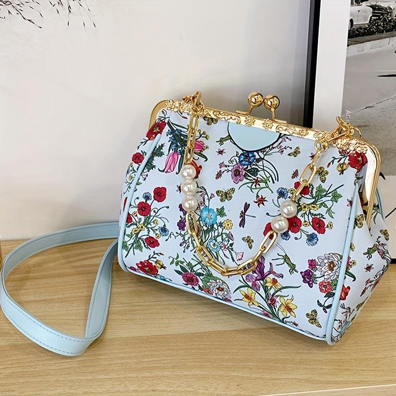 Floral Pattern Handbag Faux Pearl Chain Clutch Purse