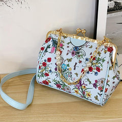 Floral Pattern Handbag Faux Pearl Chain Clutch Purse