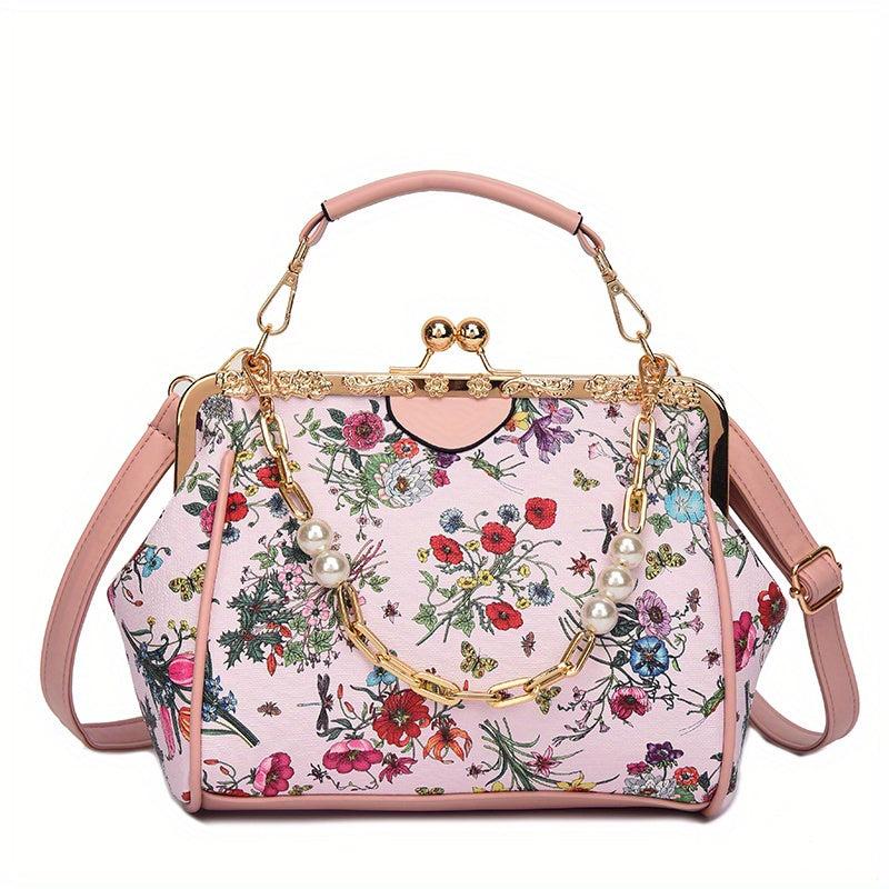 Floral Pattern Handbag Faux Pearl Chain Clutch Purse