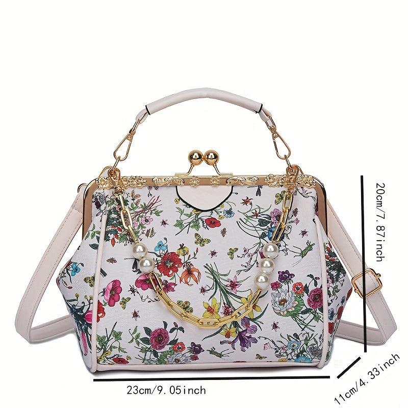 Floral Pattern Handbag Faux Pearl Chain Clutch Purse