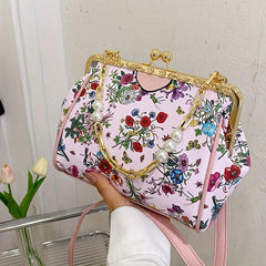 Floral Pattern Handbag Faux Pearl Chain Clutch Purse