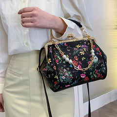 Floral Pattern Handbag Faux Pearl Chain Clutch Purse