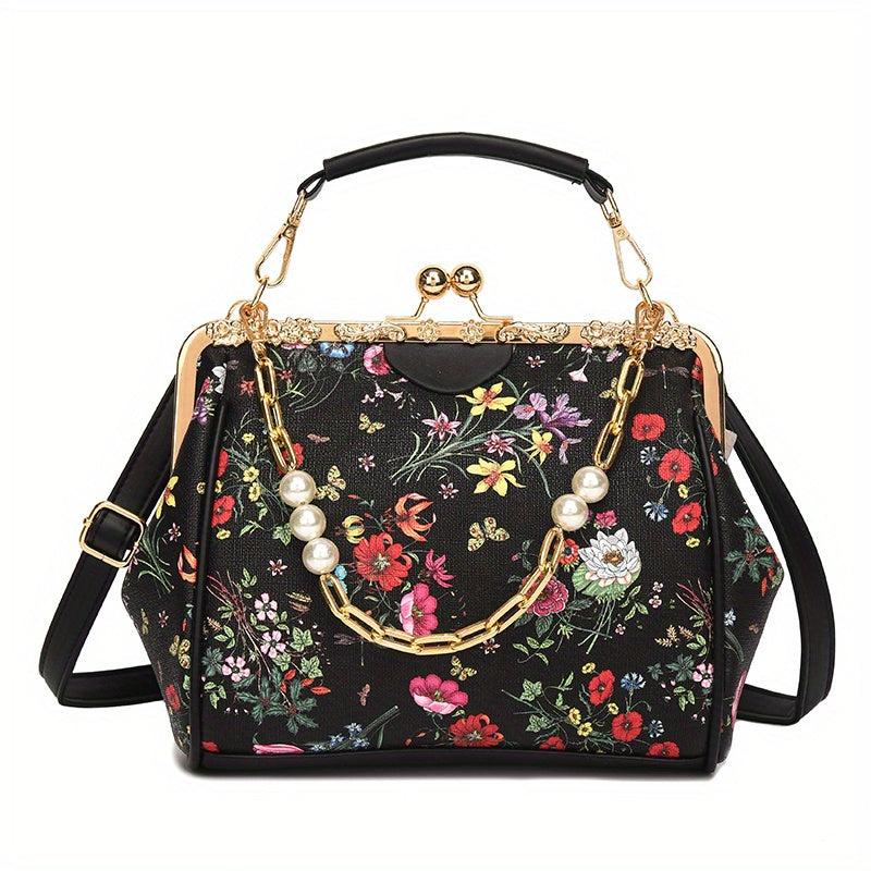Floral Pattern Handbag Faux Pearl Chain Clutch Purse