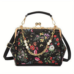 Floral Pattern Handbag Faux Pearl Chain Clutch Purse