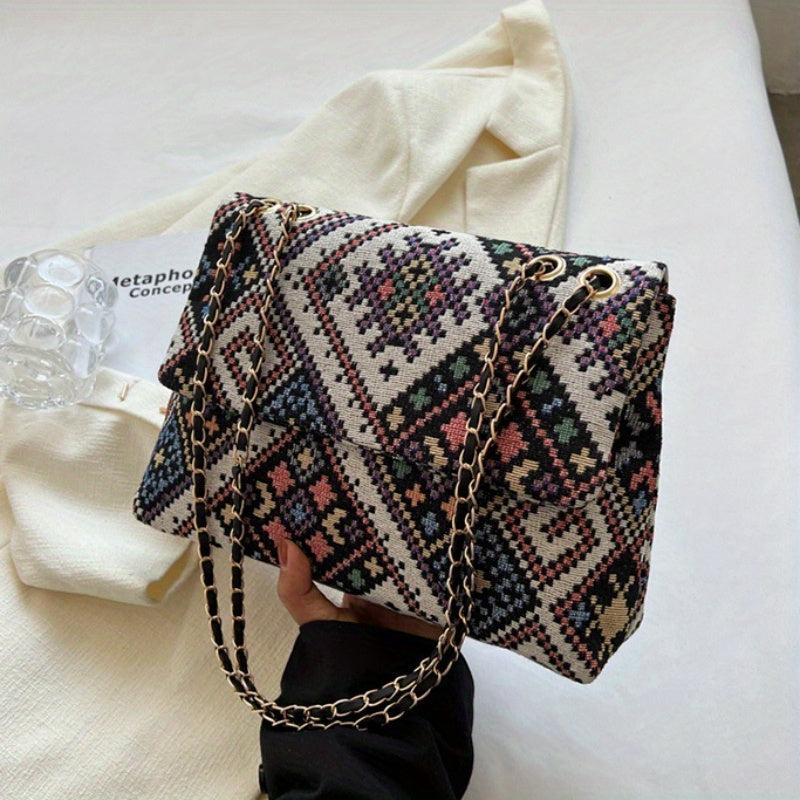 Ethnic Style Canvas Crossbody Bag Chain Shoulder Bag