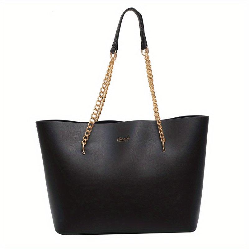 Women's Faux Leather Chain Tote Bag Large Capacity Handbag for Commuter & School