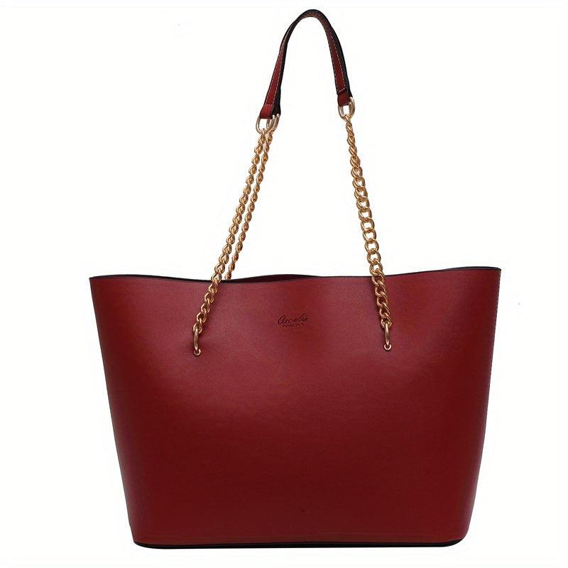 Women's Faux Leather Chain Tote Bag Large Capacity Handbag for Commuter & School