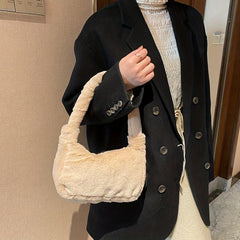 Faux Fur Shoulder Bag Plush Baguette Solid Handbag