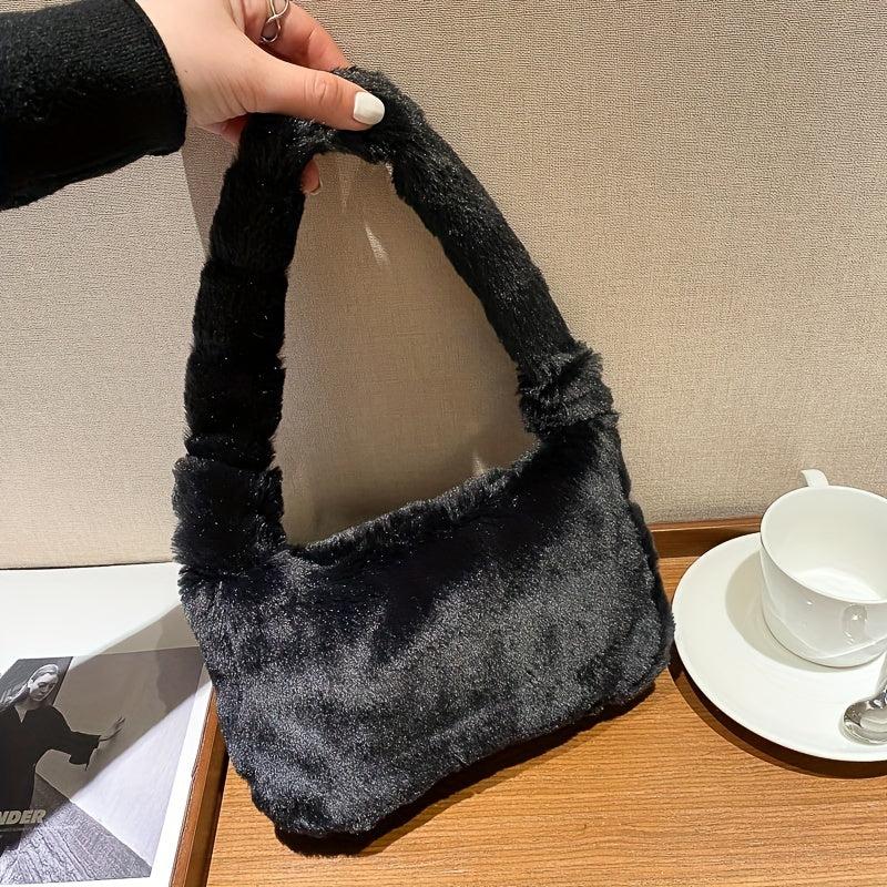 Faux Fur Shoulder Bag Plush Baguette Solid Handbag