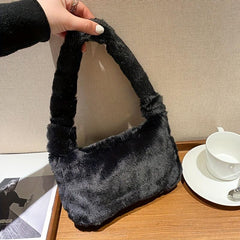 Faux Fur Shoulder Bag Plush Baguette Solid Handbag