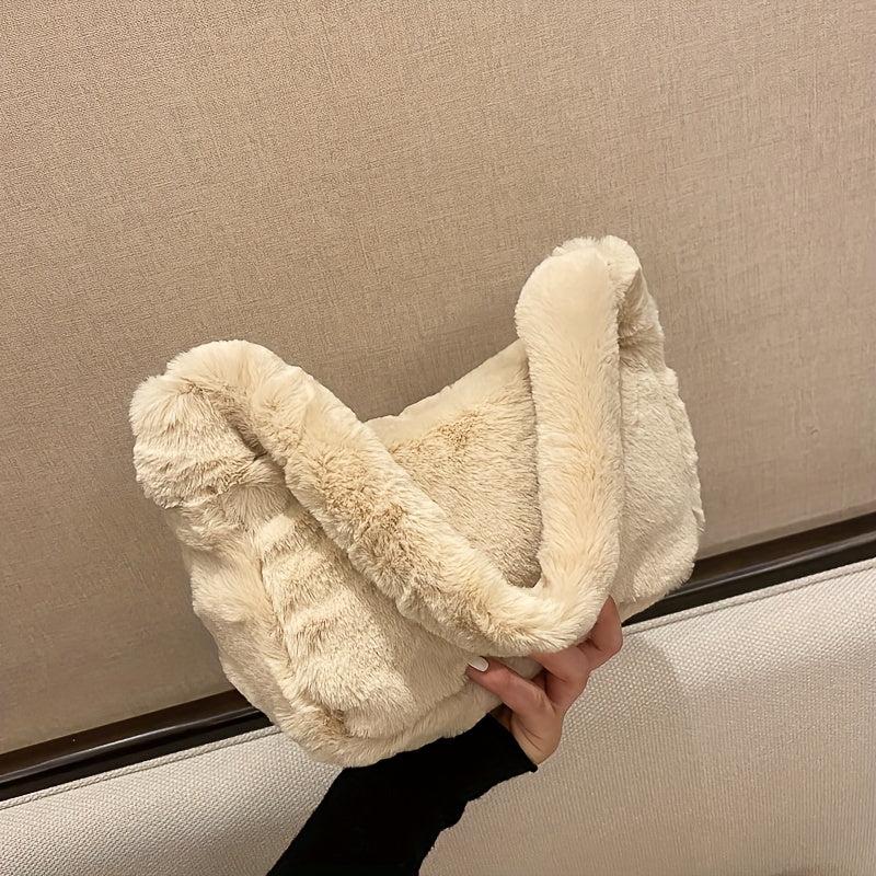 Faux Fur Shoulder Bag Plush Baguette Solid Handbag
