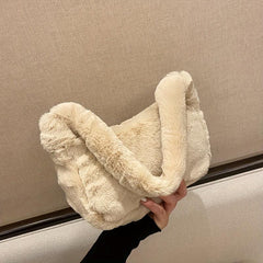 Faux Fur Shoulder Bag Plush Baguette Solid Handbag