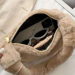 Women's Plush Underarm Bag Fluffy Shoulder Hand Purse Top Handle Bag
