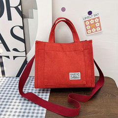 Corduroy Tote Bag with Letter Patch - Handbag for School & Travel
