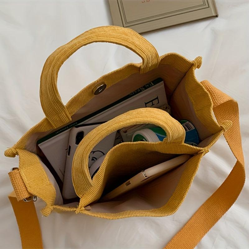 Corduroy Tote Bag with Letter Patch - Handbag for School & Travel