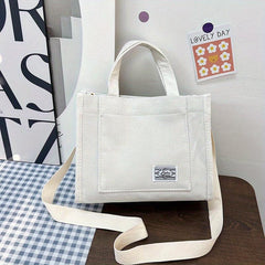 Corduroy Tote Bag with Letter Patch - Handbag for School & Travel
