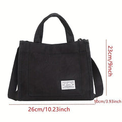 Corduroy Tote Bag with Letter Patch - Handbag for School & Travel