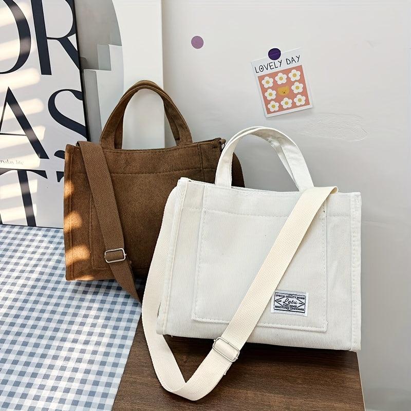 Corduroy Tote Bag with Letter Patch - Handbag for School & Travel