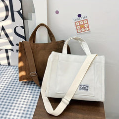 Corduroy Tote Bag with Letter Patch - Handbag for School & Travel