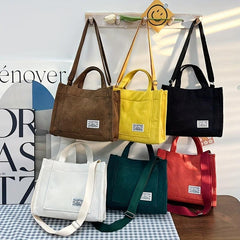 Corduroy Tote Bag with Letter Patch - Handbag for School & Travel
