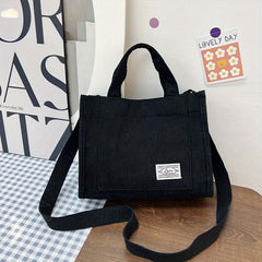 Corduroy Tote Bag with Letter Patch - Handbag for School & Travel