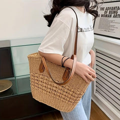 Straw Slouchy Shoulder Bag Zipper Weaving Beach Bag Large Capacity