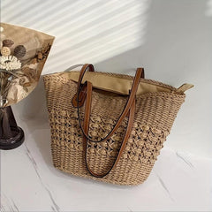Straw Slouchy Shoulder Bag Zipper Weaving Beach Bag Large Capacity