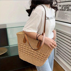 Straw Slouchy Shoulder Bag Zipper Weaving Beach Bag Large Capacity