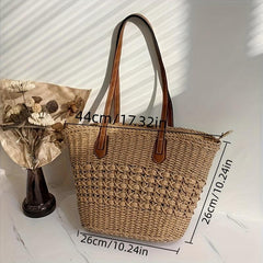Straw Slouchy Shoulder Bag Zipper Weaving Beach Bag Large Capacity