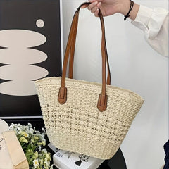 Straw Slouchy Shoulder Bag Zipper Weaving Beach Bag Large Capacity