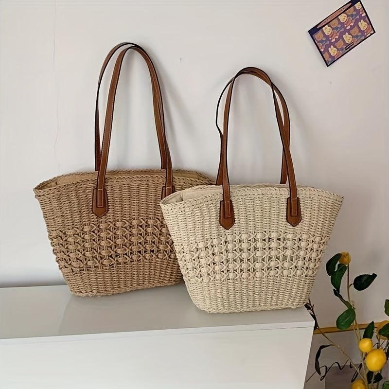 Straw Slouchy Shoulder Bag Zipper Weaving Beach Bag Large Capacity