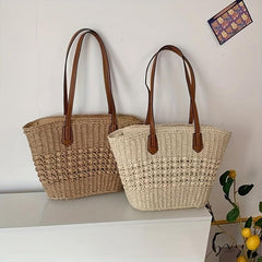 Straw Slouchy Shoulder Bag Zipper Weaving Beach Bag Large Capacity