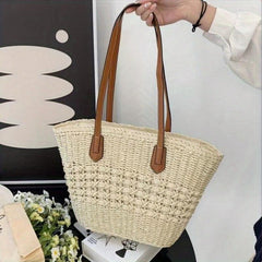 Straw Slouchy Shoulder Bag Zipper Weaving Beach Bag Large Capacity