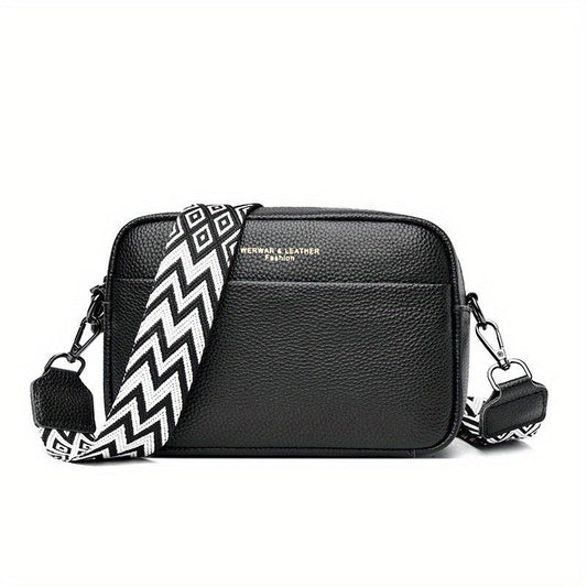 Minimalist Square Shoulder Bag with Geometric Pattern Strap