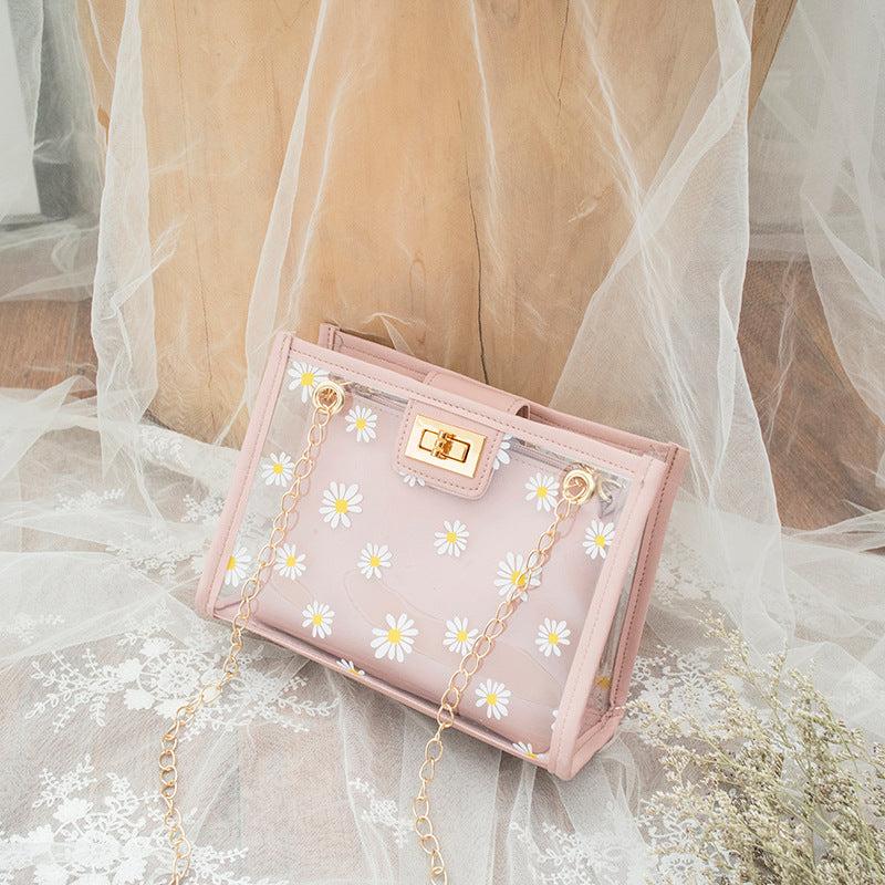 Daisy Floral Mini Shoulder Bag Clear Turn Lock Zipper Crossbody Bag