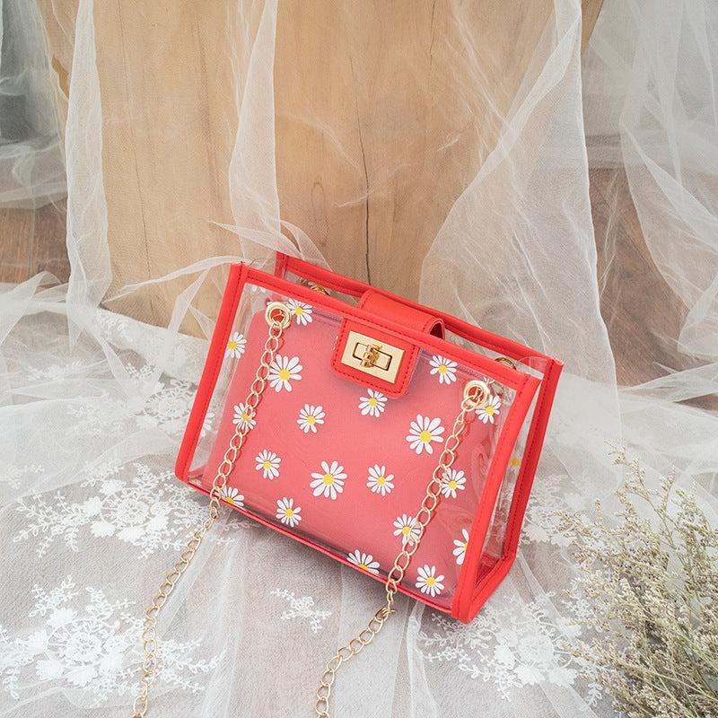 Daisy Floral Mini Shoulder Bag Clear Turn Lock Zipper Crossbody Bag