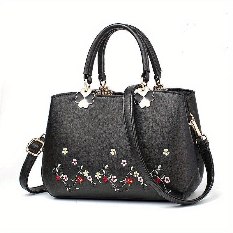 Floral Embroidered Tote Bag PU Crossbody Women's Small Handbag
